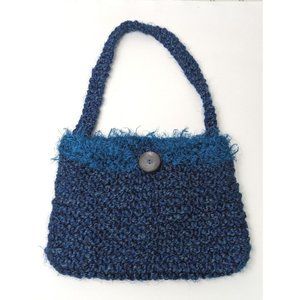 Vintage  Crochet Knitted ‎ Blue Shoulder Bag Handmade Button One Strap